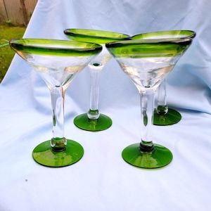 Mexican Hand Blown Martini Cocktail Set 4 Glasses Green Rim & Bas